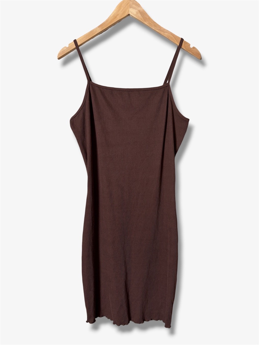 See You Monday 90s Chocolate Brown Ribbed Lettuce Trim Cami Mini Dress Size L